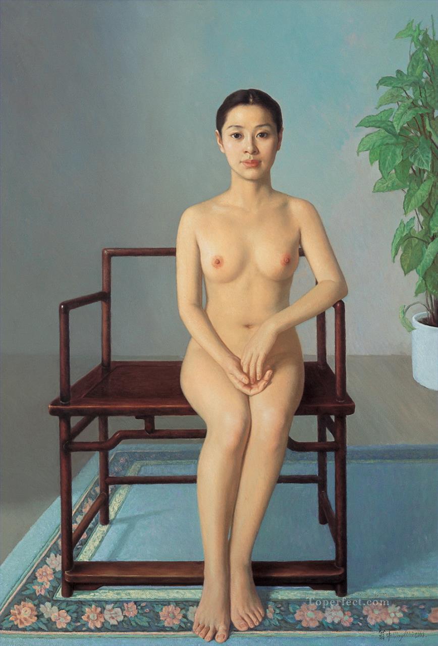 仏教椅子に座るヌード 中国人少女のヌード油絵